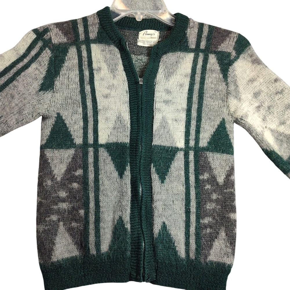 Penneys Vintage 60s Mohair Zip Cardigan Sweater Mens 36 Small Wool Green Gray